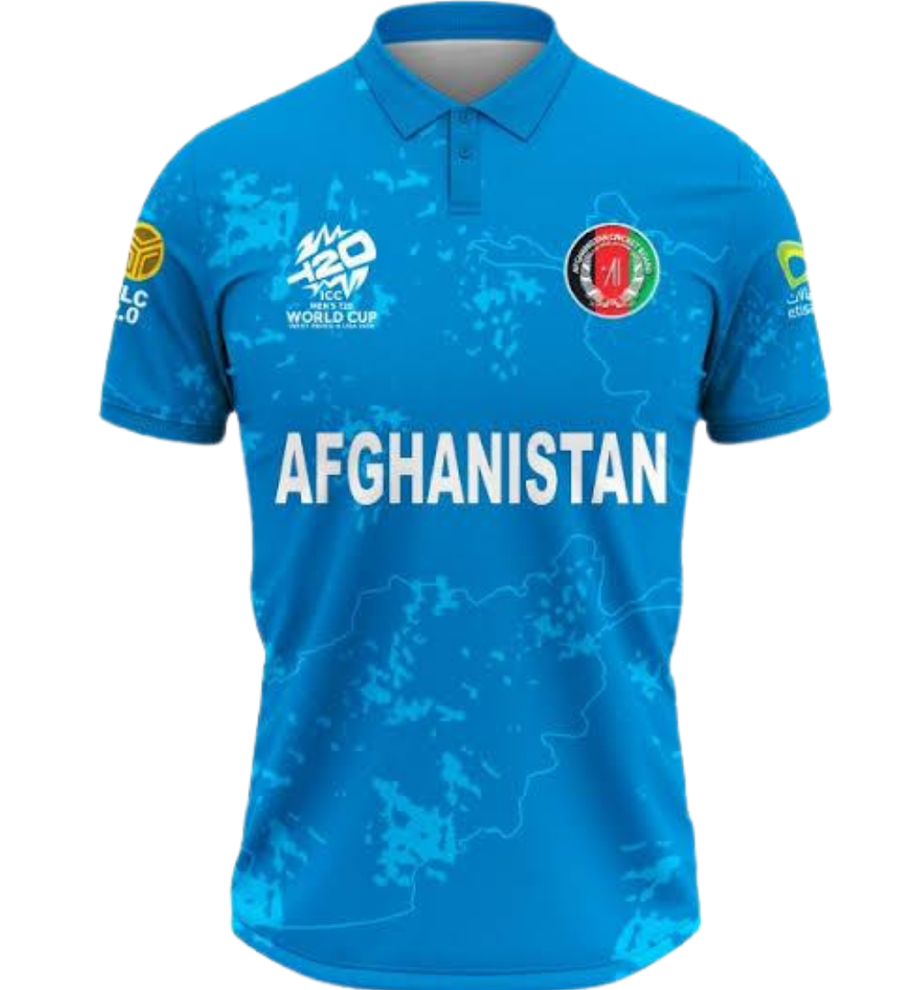 Afghanistan 2024 T20 World Cup cricket jersey in blue and red design"