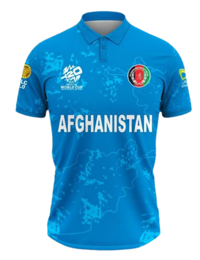 Afghanistan 2024 T20 World Cup cricket jersey in blue and red design"