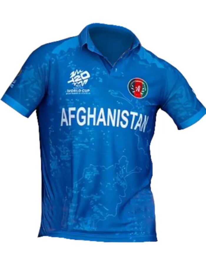 Afghanistan 2024 T20 World Cup cricket jersey in blue and red design