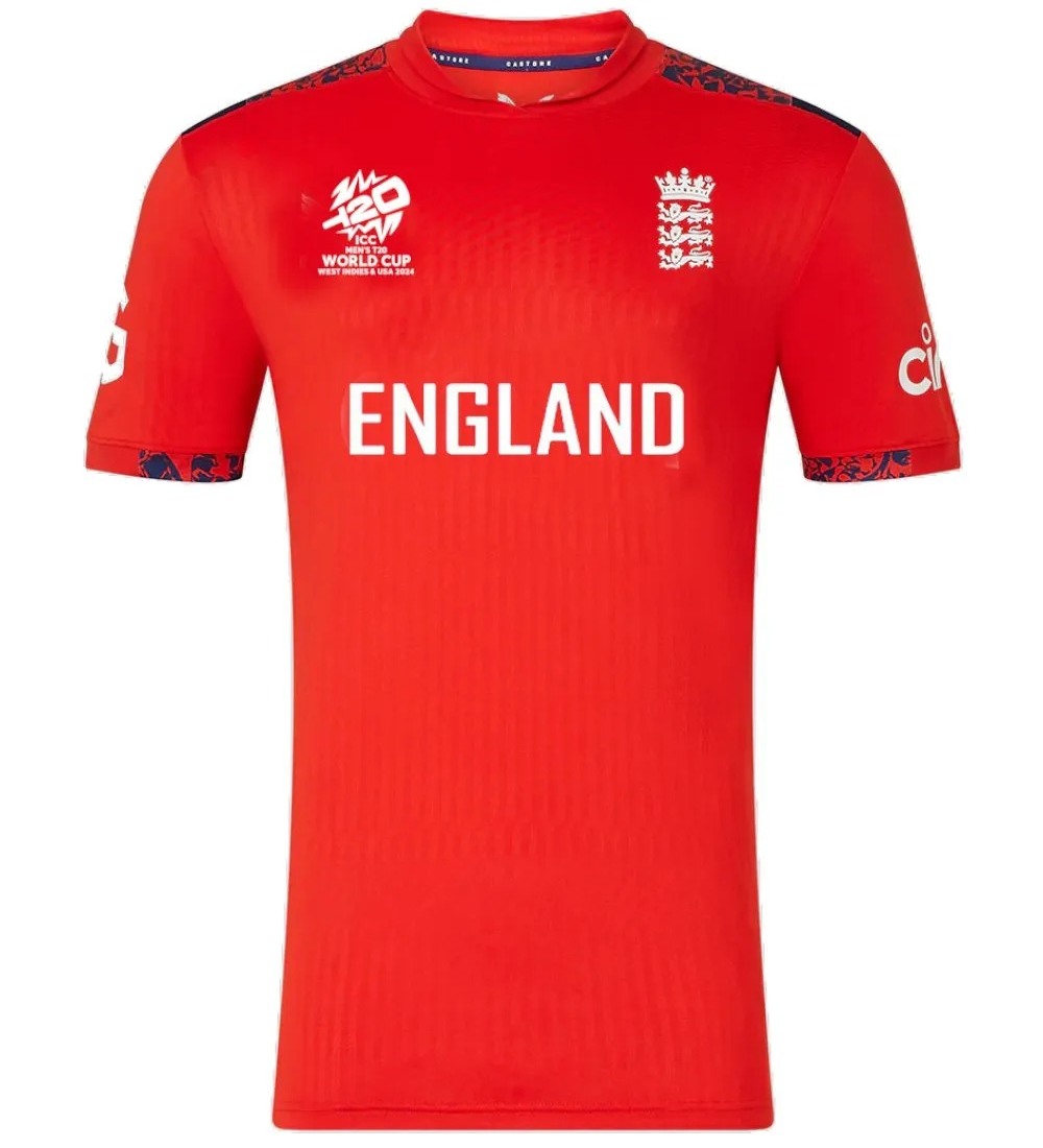 England 2024 T20 World Cup replica cricket jersey red, fully sublimated fan edition