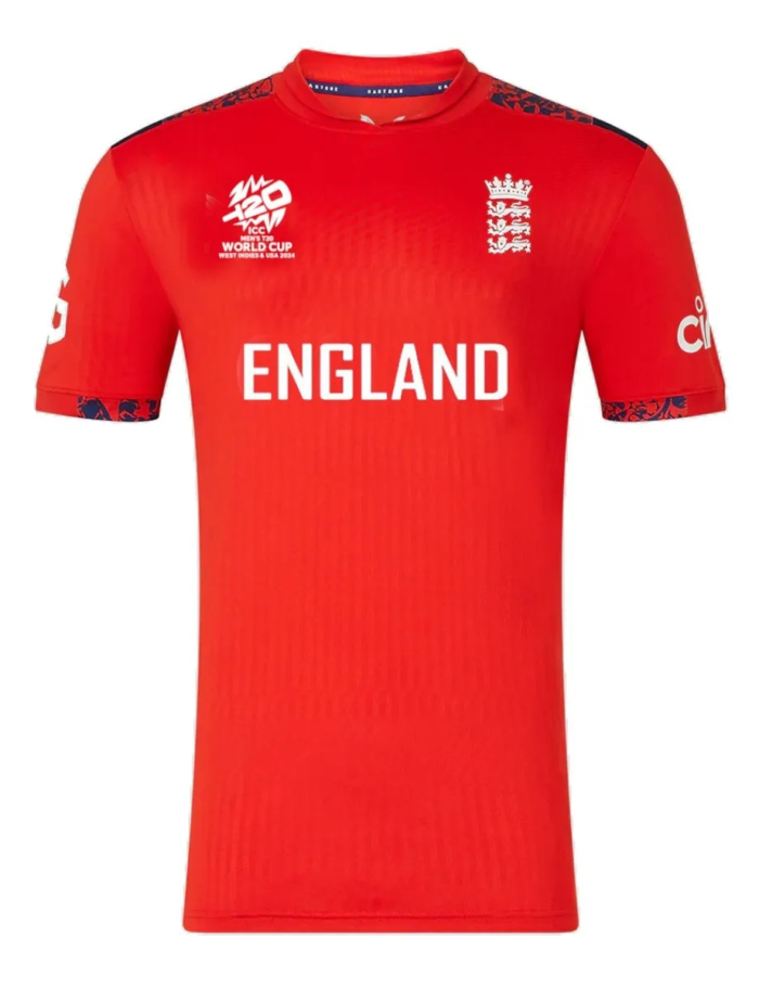England 2024 T20 World Cup replica cricket jersey red, fully sublimated fan edition