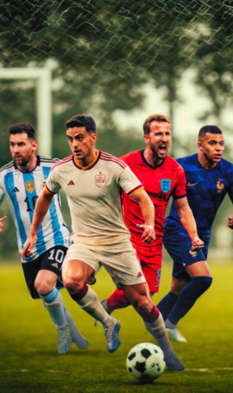 Premium football jerseys featuring Spain, Argentina, England, and France national teams on a modern sportswear website banner.